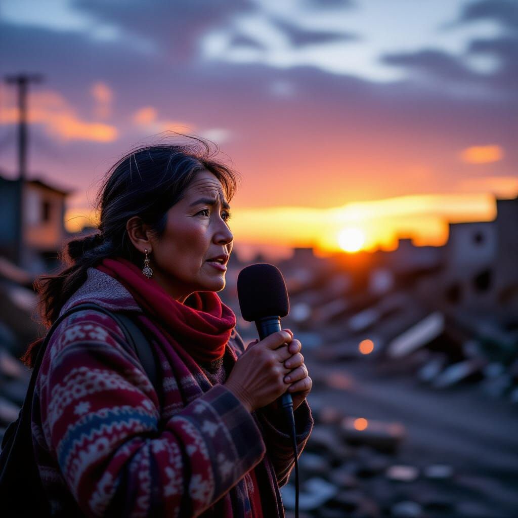 Andean Woman Reports Amidst City Ruins at Sunset