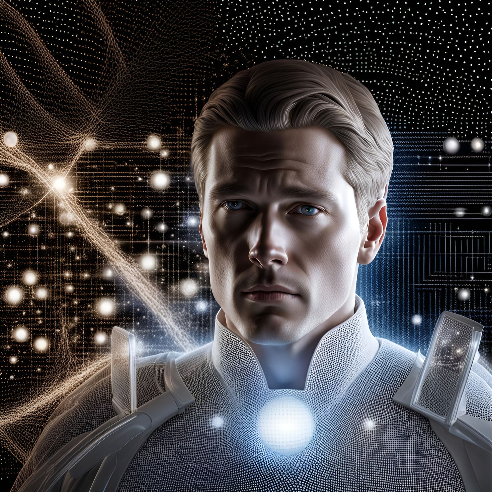 Visualisation of a man's portrait, divided down the center using (string theory:2.6). String theory simulation with tran...