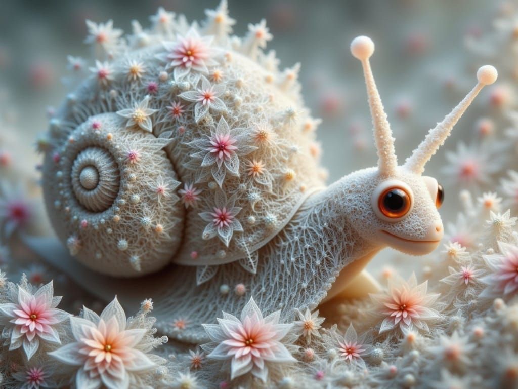 Ethereal Glass and Lace Snail in Whimsical Fractal Portrait