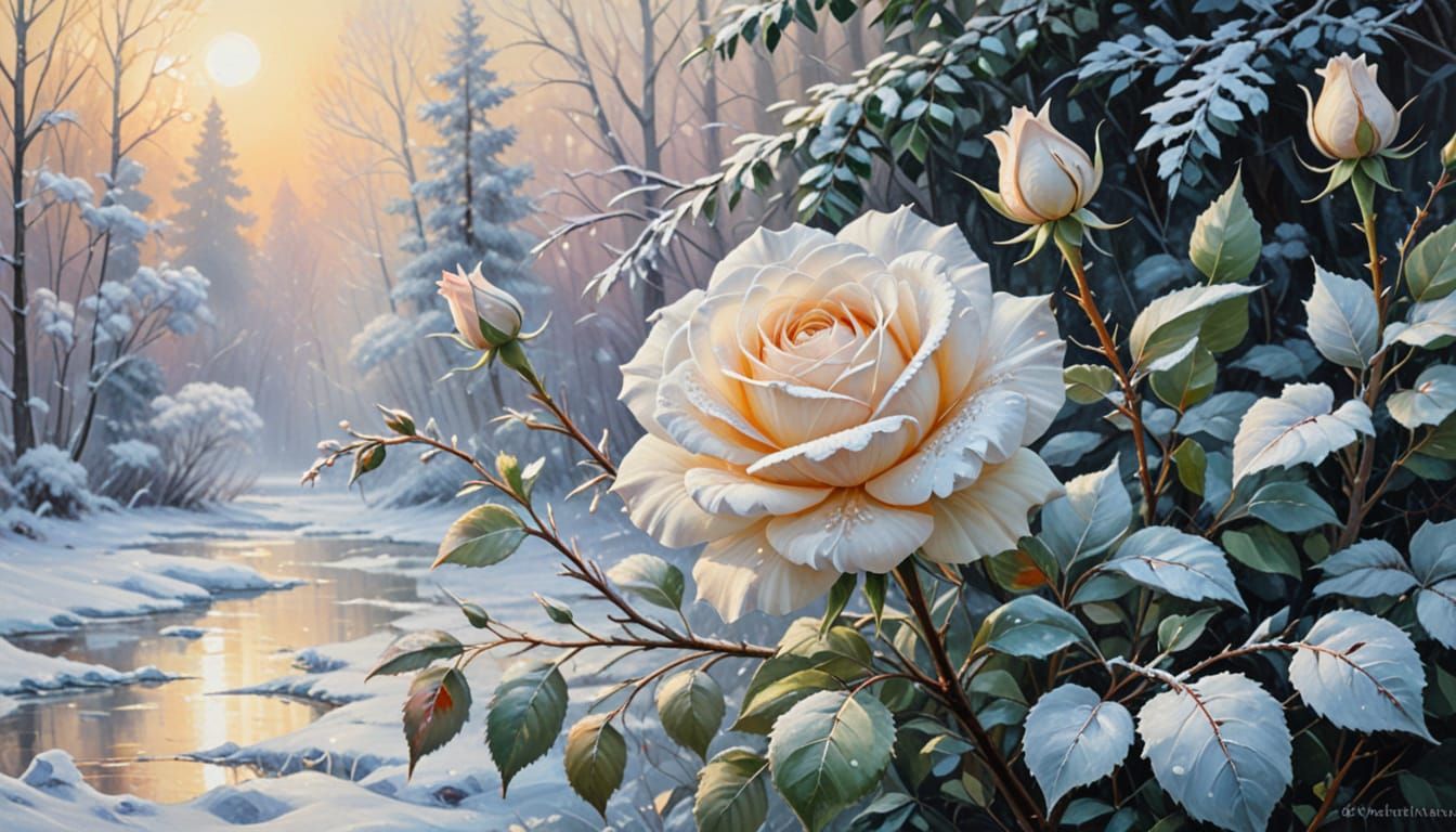 Abstract Winter Rose Painting with Icy Charm