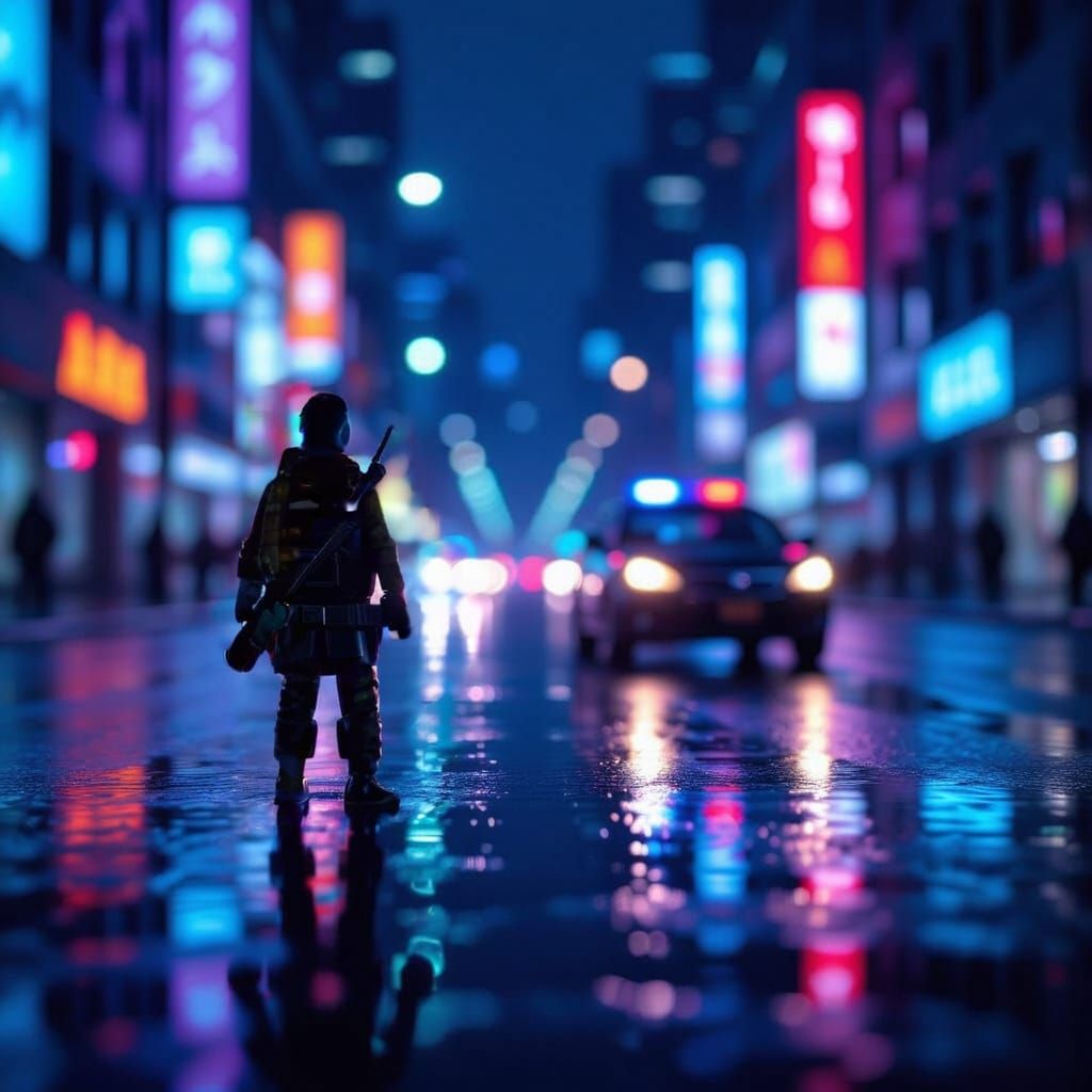Warrior Figure with Bright Glow in Urban Night