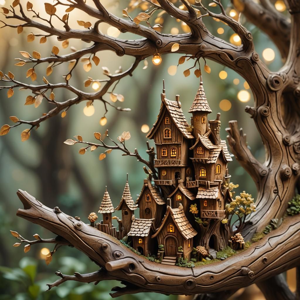 Miniature Fairy Village Carved on Tree Branch