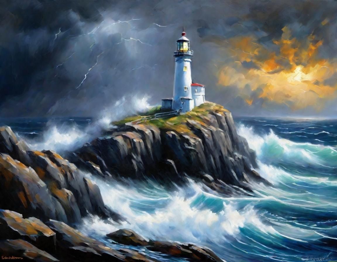 Lighthouse Enduring Stormy Sea in Romantic Style