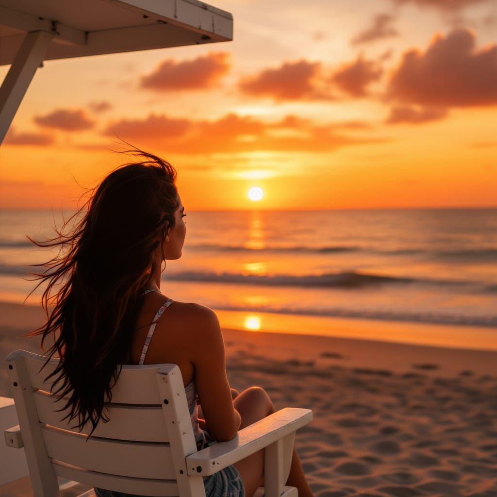 Woman Watches Orange Sunset on Empty Beach