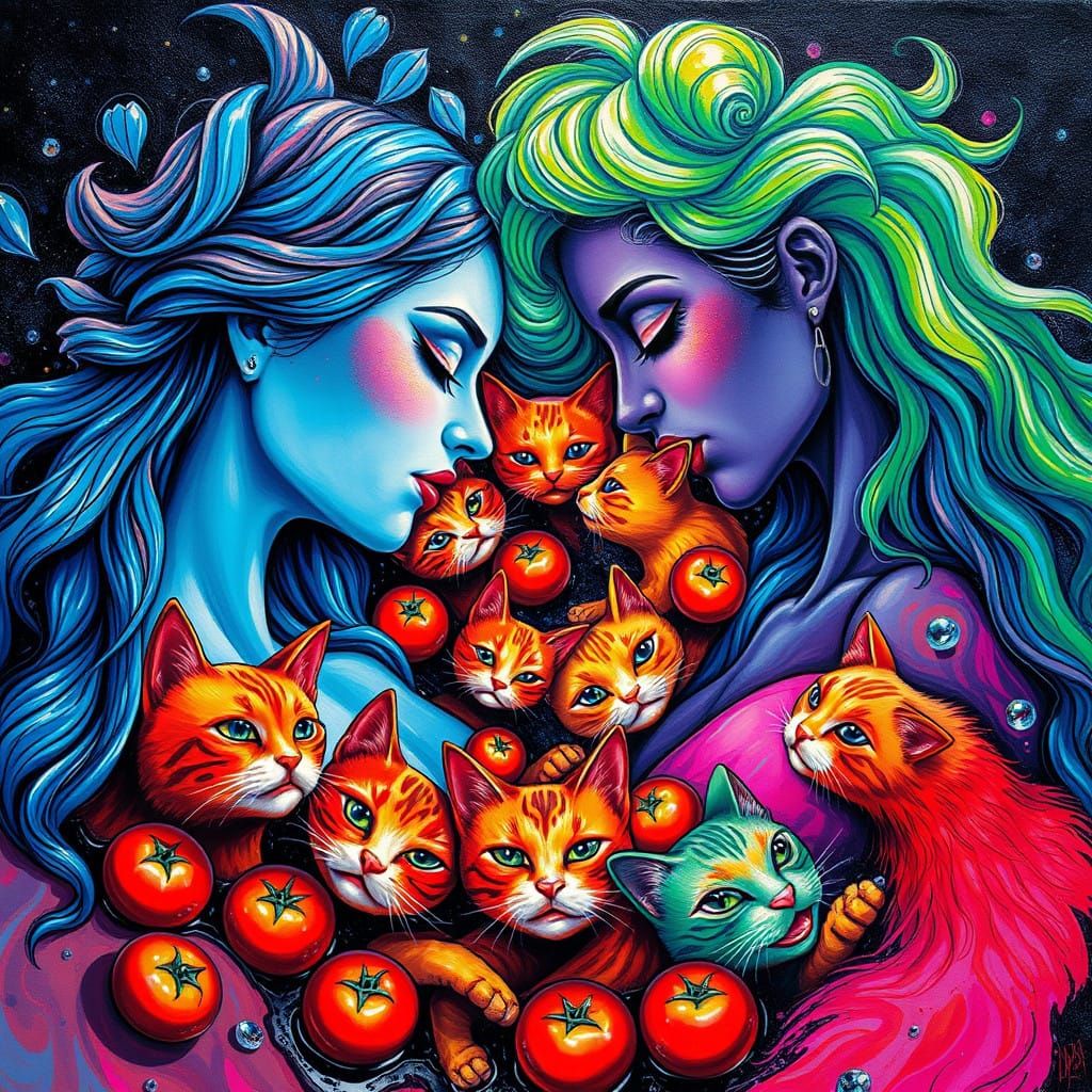 Women in Vibrant Spiral Dance Amid Tomato Cats in Graffiti A...