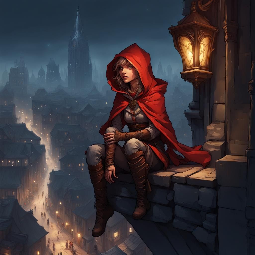 Halfling Rogue on Ledge in High Fantasy Style