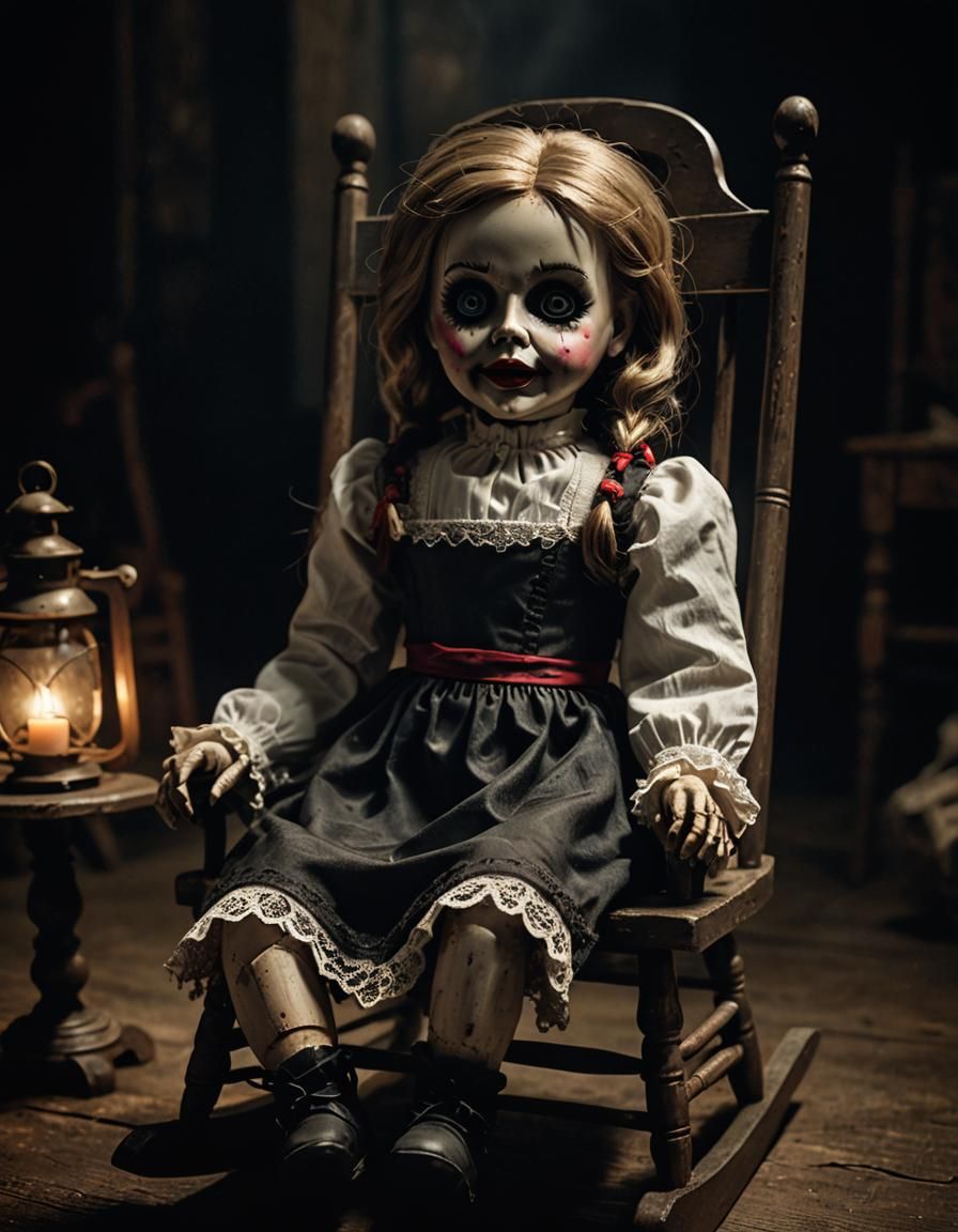 Creepy Doll Annabelle in Antique Rocking Chair