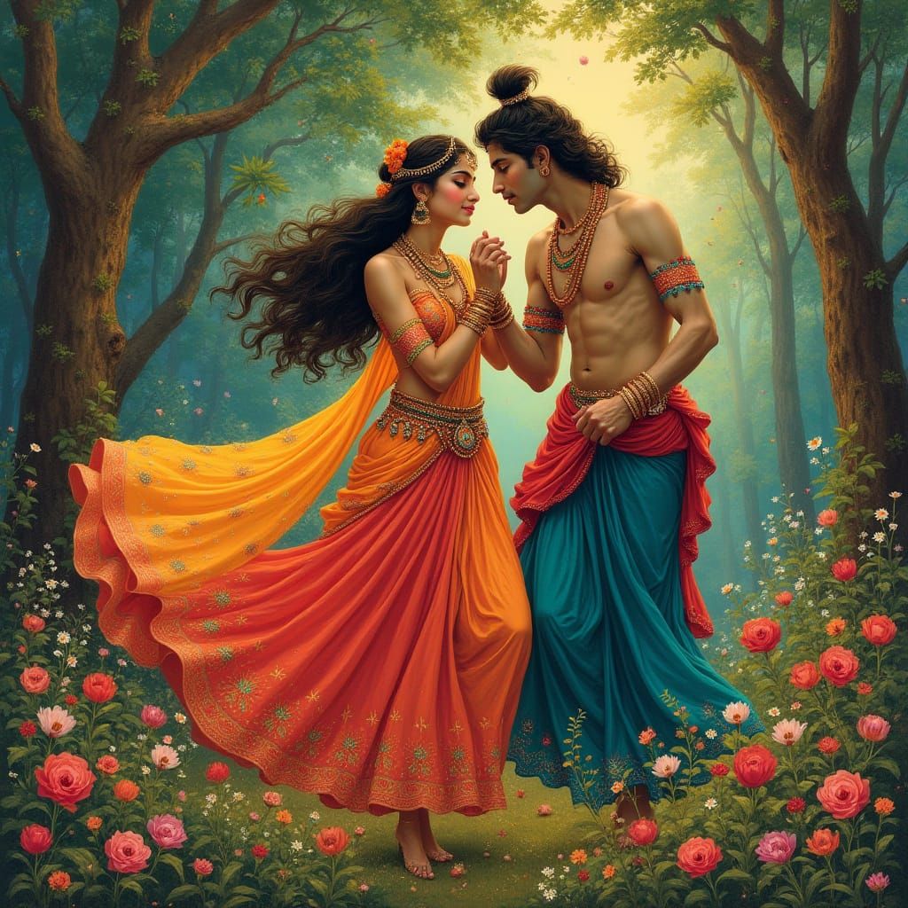 Radha Krishna Dance in Lush Forest, Pre-Raphaelite Style
