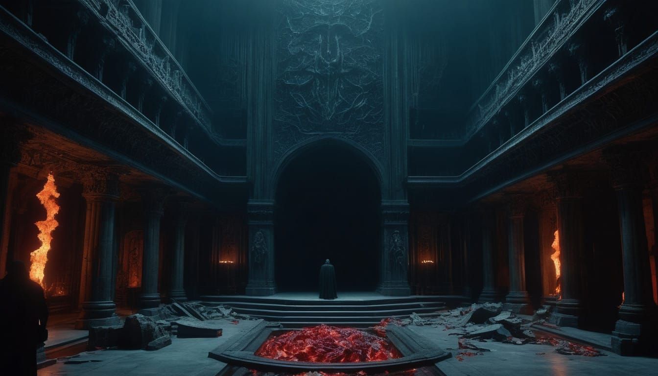 Brutalist Throne Room of Judgment in a Fiery Abyss