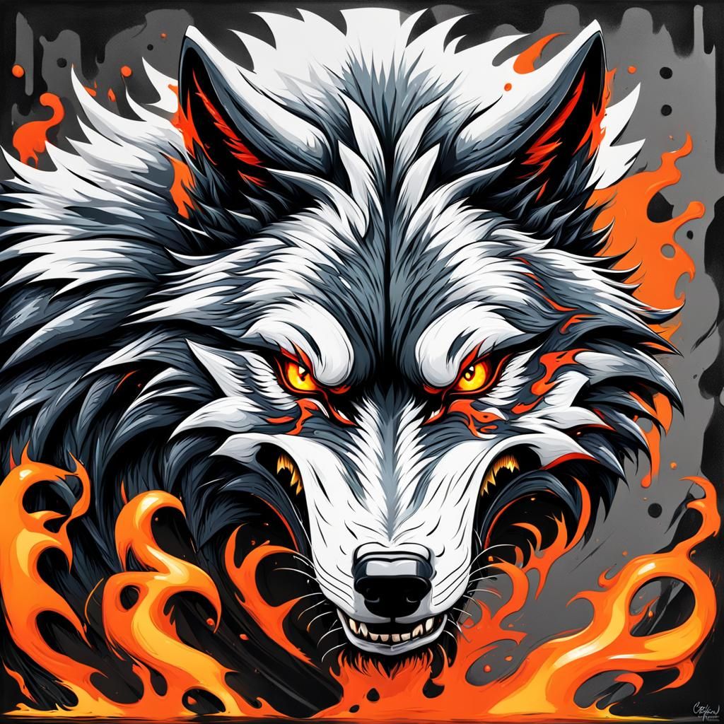Angry Wolf with Dragon Eyes in Graffiti Art Style