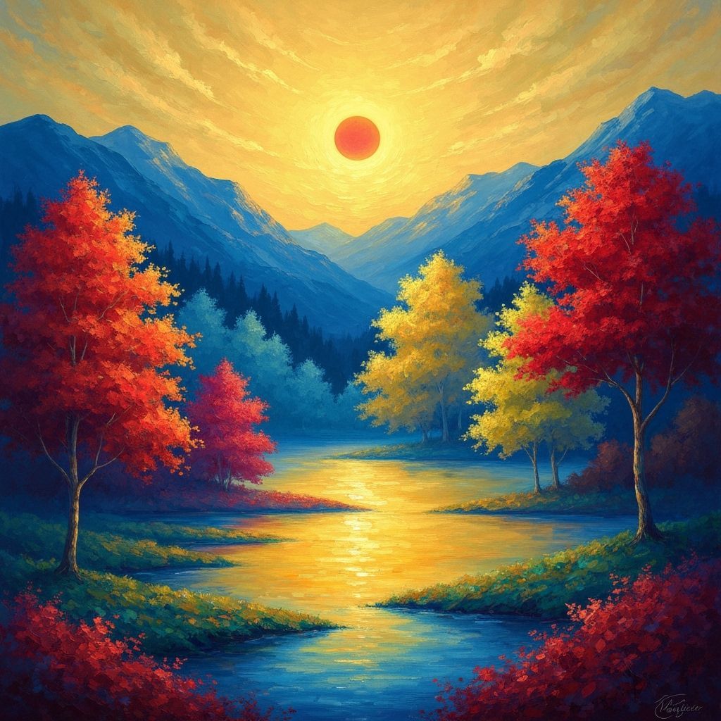 Mysterious Landscape: Copper Sun, Golden Sky, Blue Mountains