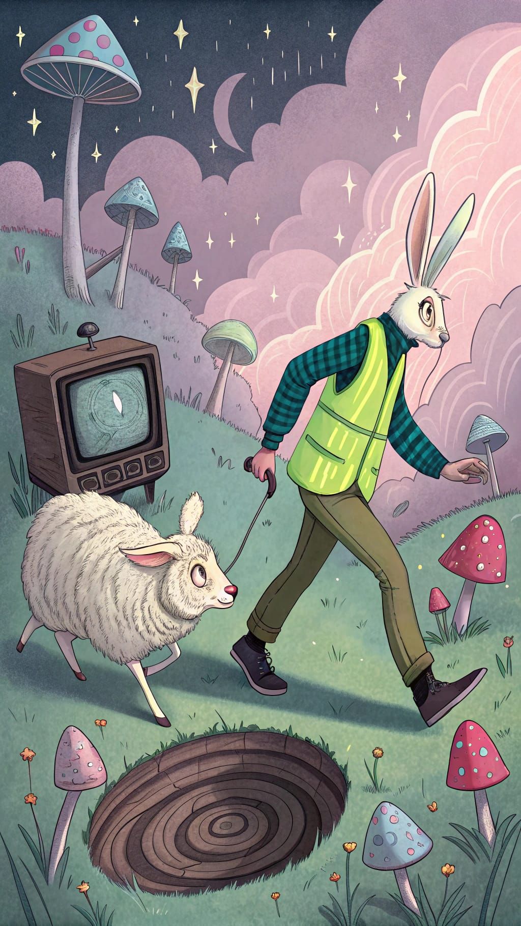 Surreal Glitchcore Bunny Drags Sheep to Rabbit Hole