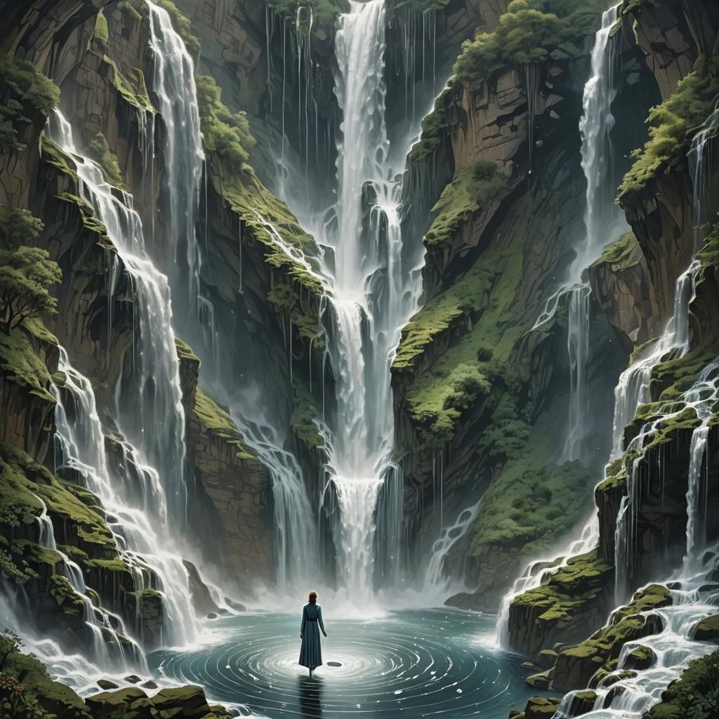 Woman at Hyper-Dimensional Waterfall in Digital Art