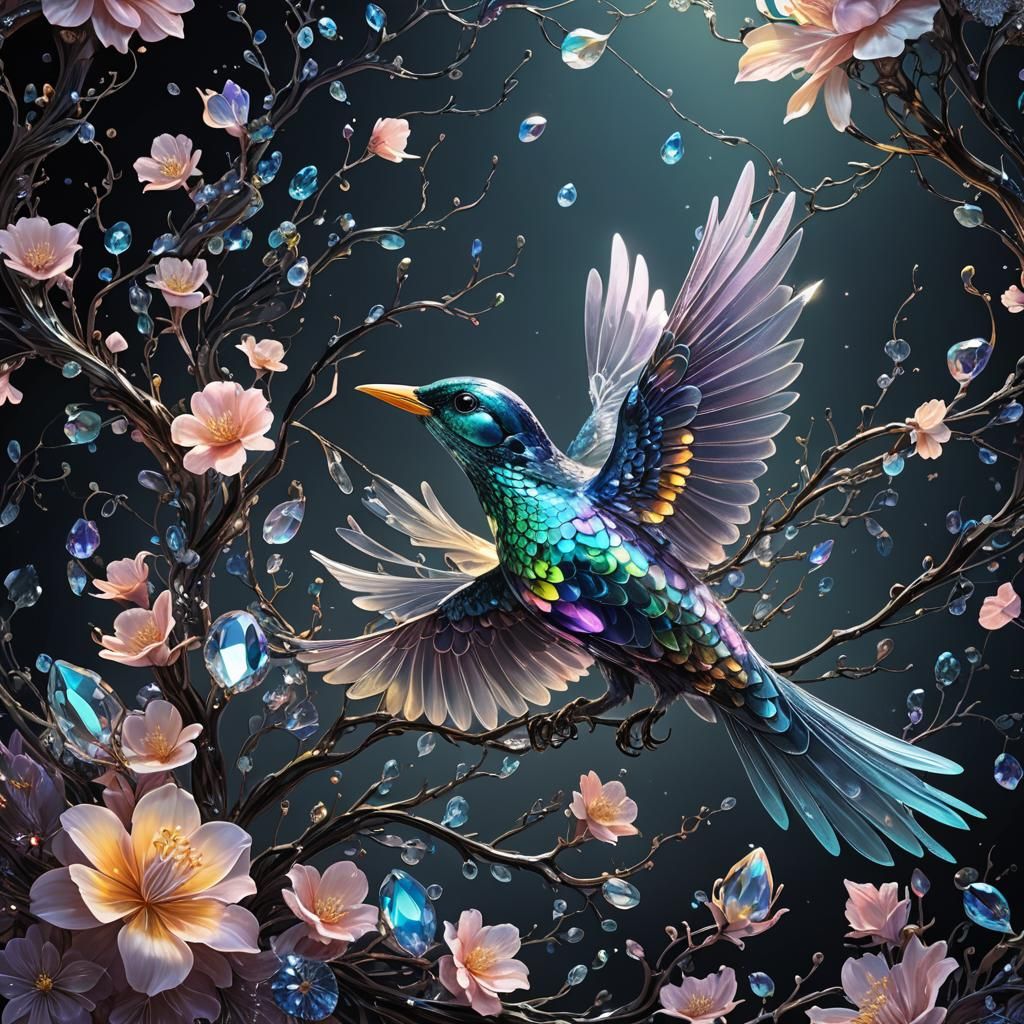 Crystal Bird in Flight: Hyper-Realistic Digital Art