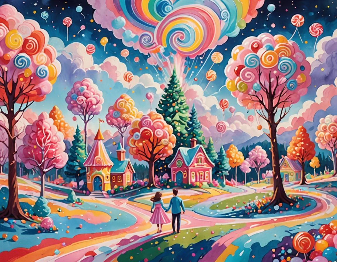 Romantic Couple in a Gouache Candyland Wonderland