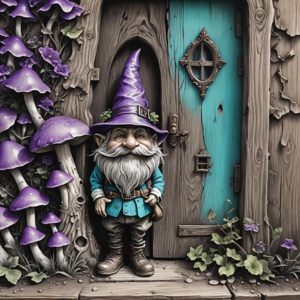 Gnome and Toadstool House in Charcoal Drawing Style