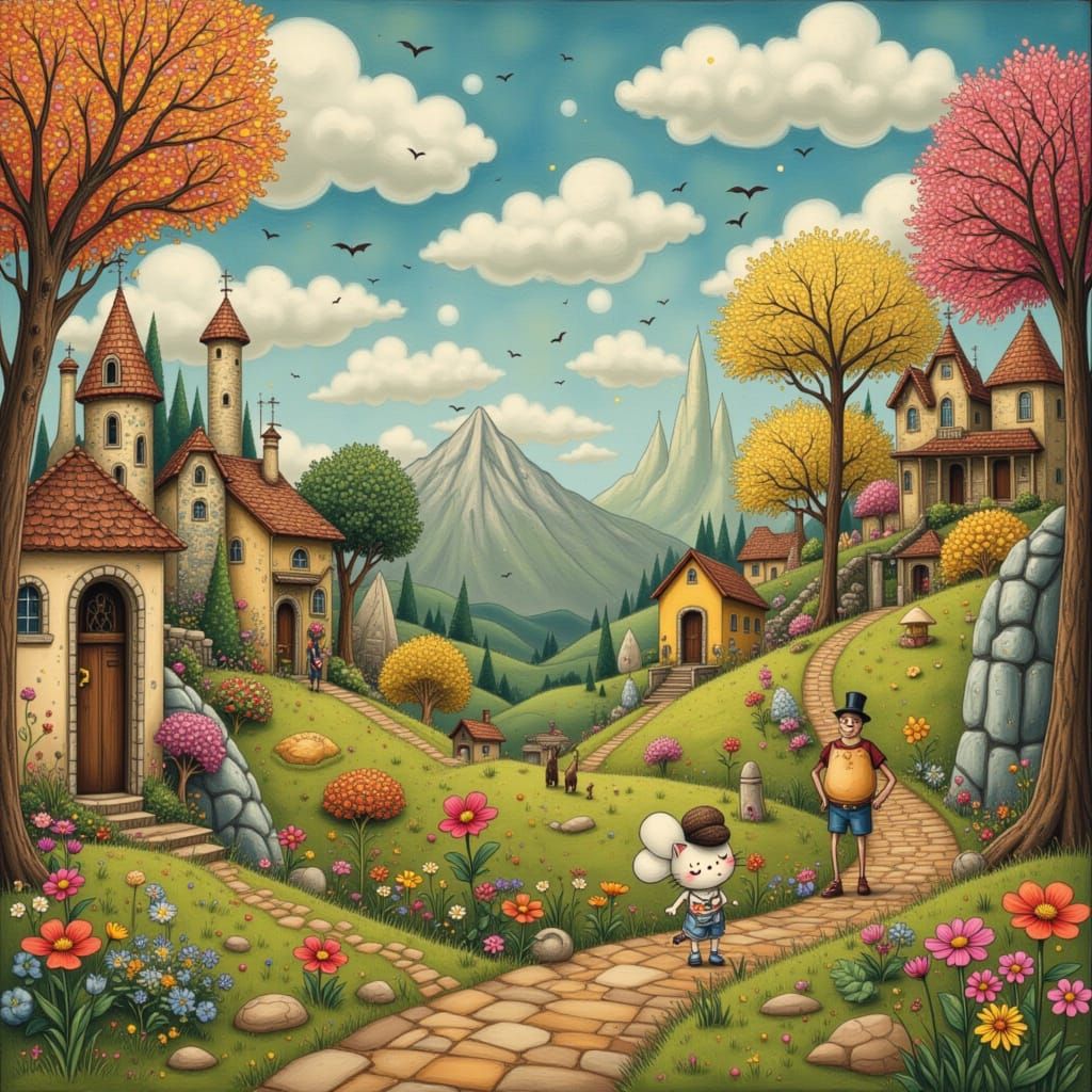 Whimsical People and City in a Dreamlike Style