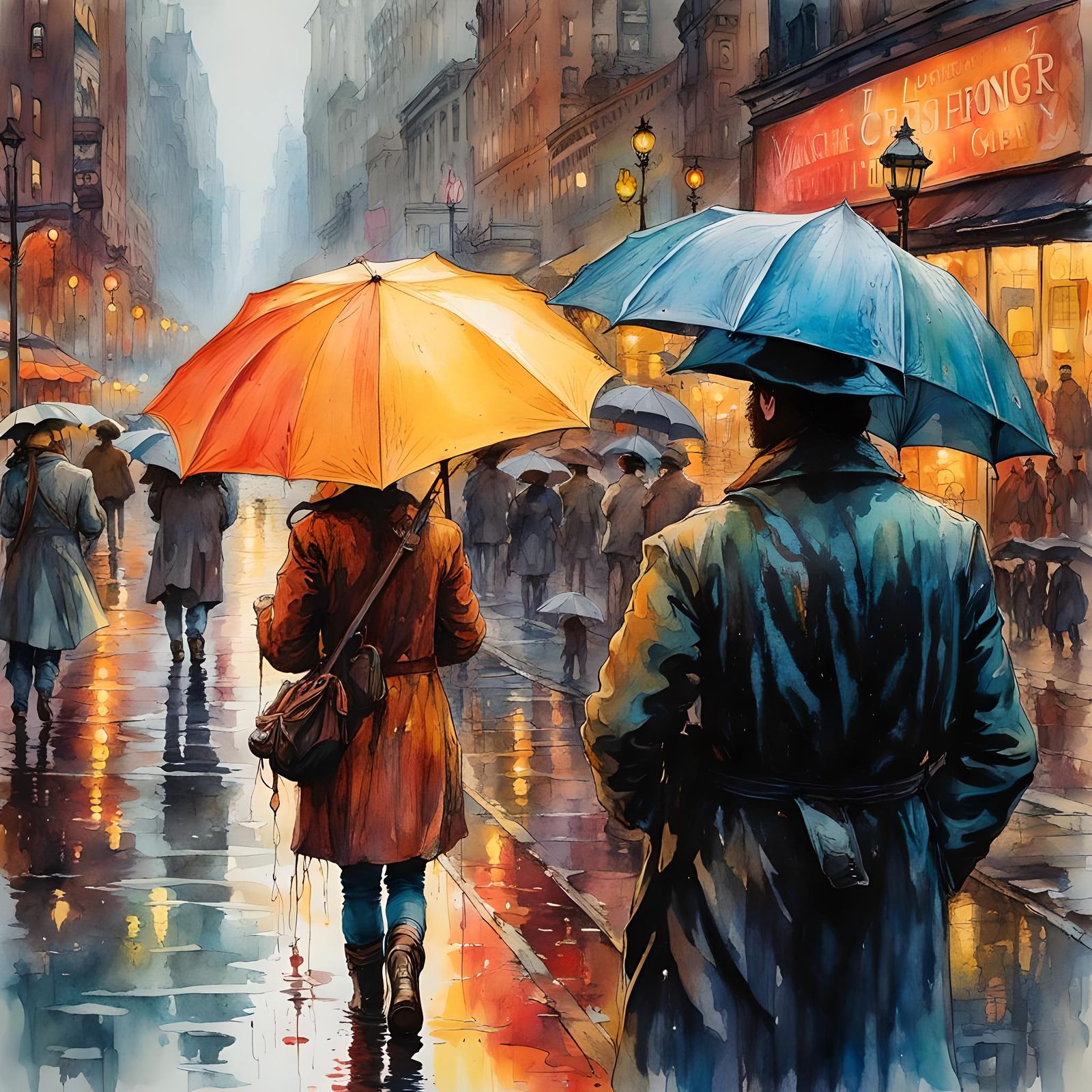 Vivid Rainy Day in New York City: Ink and Watercolor