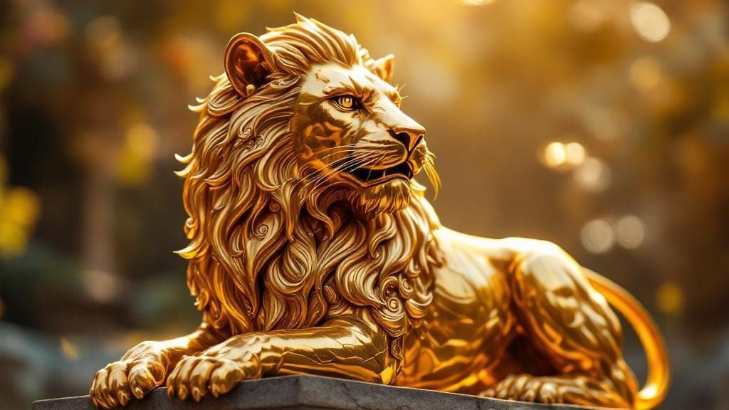 Intricately Detailed Golden Lion Statue in Sunlight
