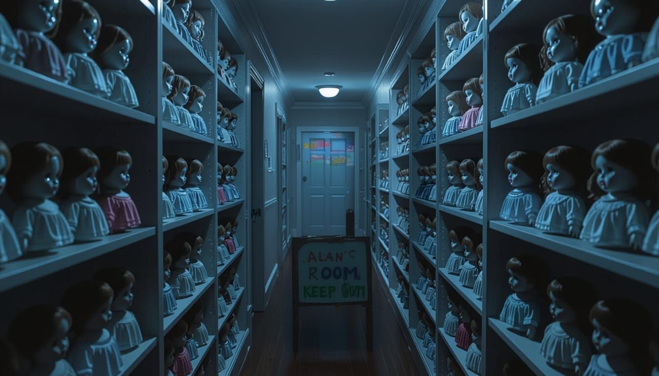 Eerie Hallway Filled With Blank Staring Porcelain Dolls