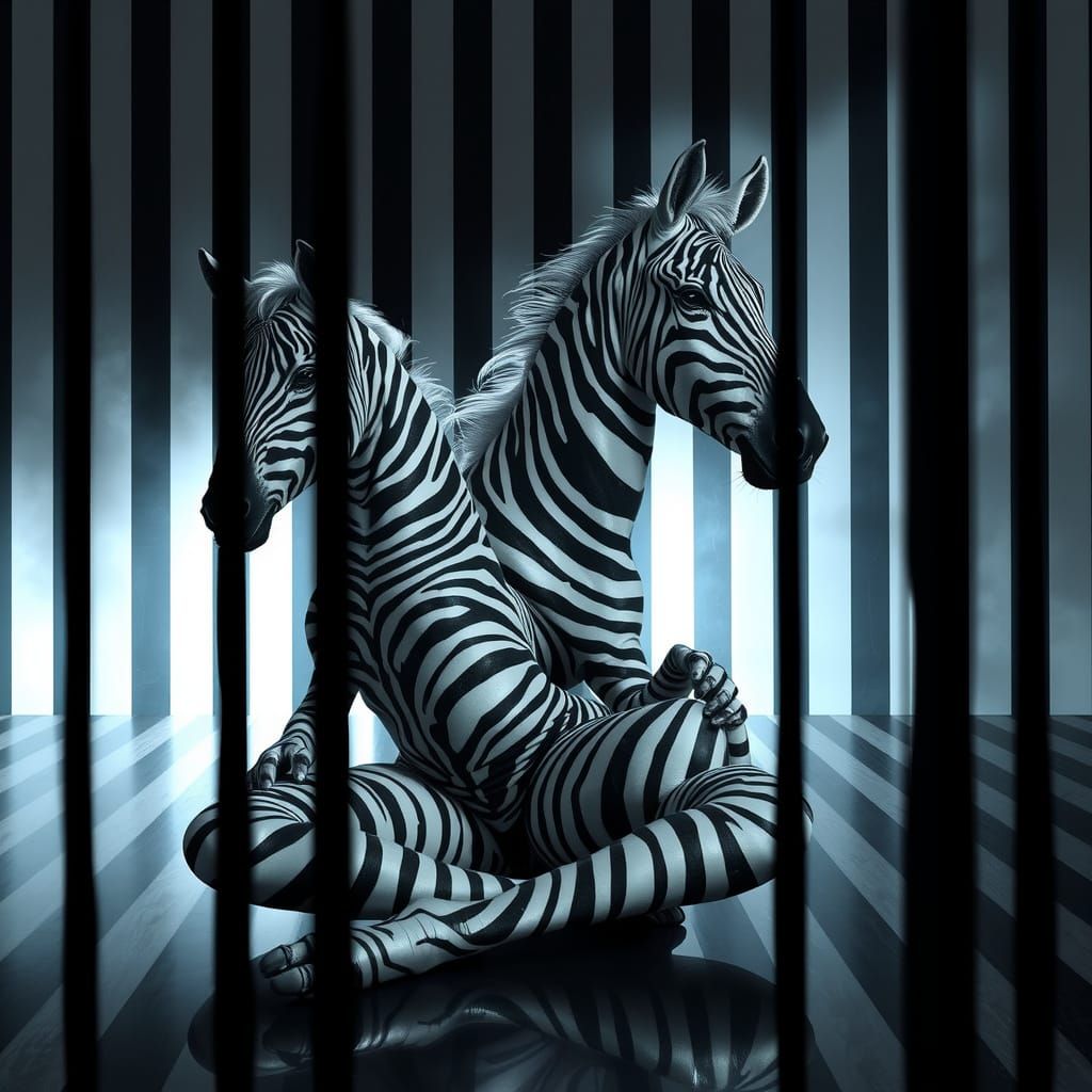 Surreal Cyberpunk Goddess Entwines with Unicorn in Striped H...