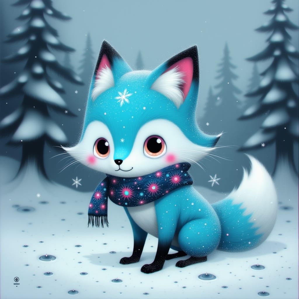 Turquoise Crystal Snow Fox Kit in Winter Scene