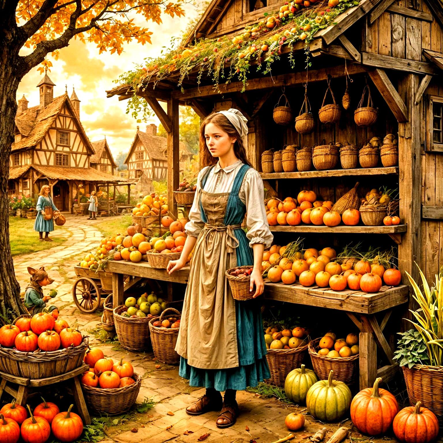 Medieval Farmstand Scene Inspired by Arthur Rackham