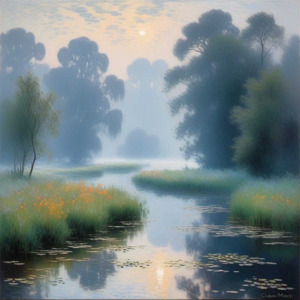 Dreamy Misty Morning Landscape in Impressionist Style