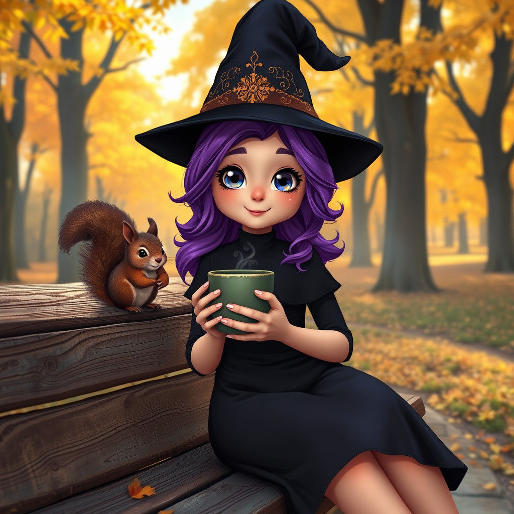 Cute Purple-Haired Witch in Autumn Park Scene