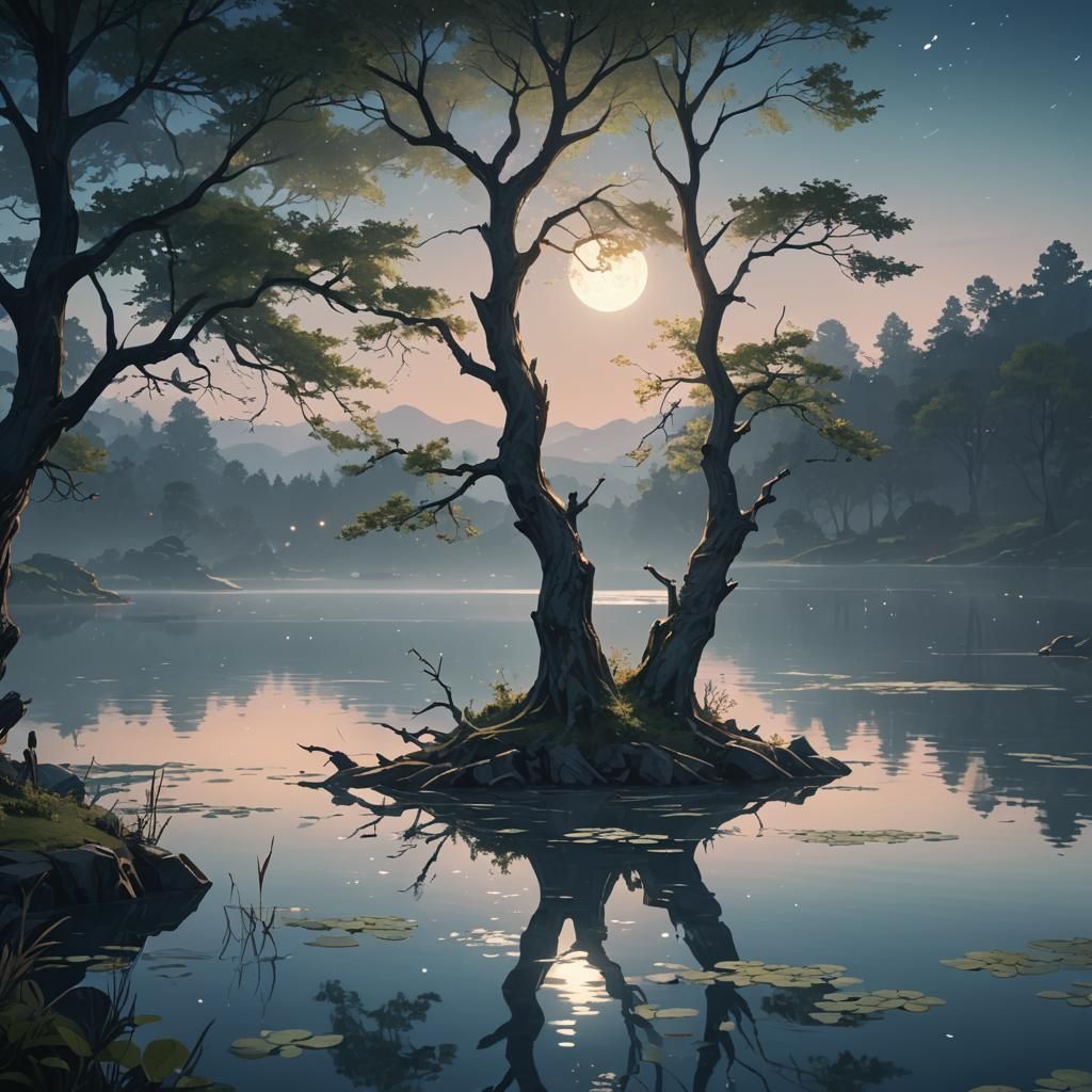 Mystical Tree Overhanging Serene Lake in Anime Style