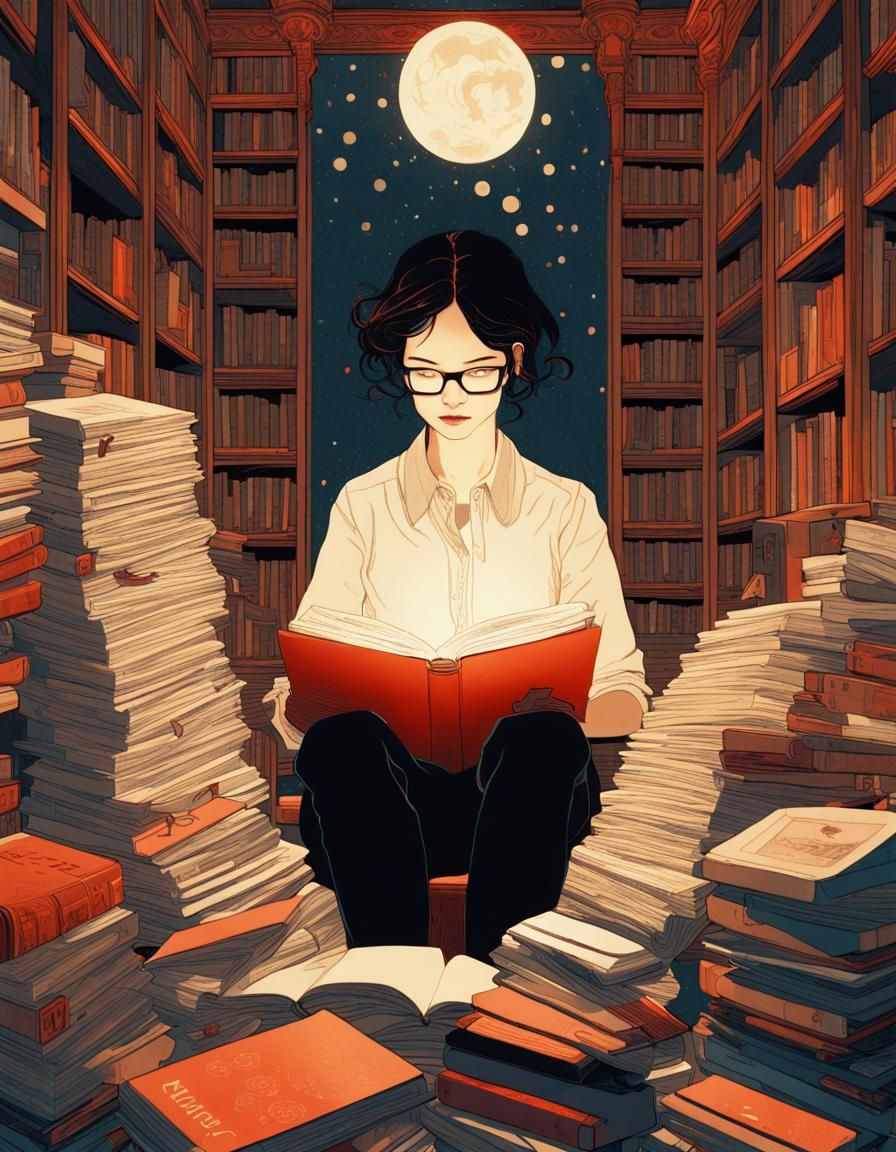 Librarian Portrait in Inkpunk Minimalist Style