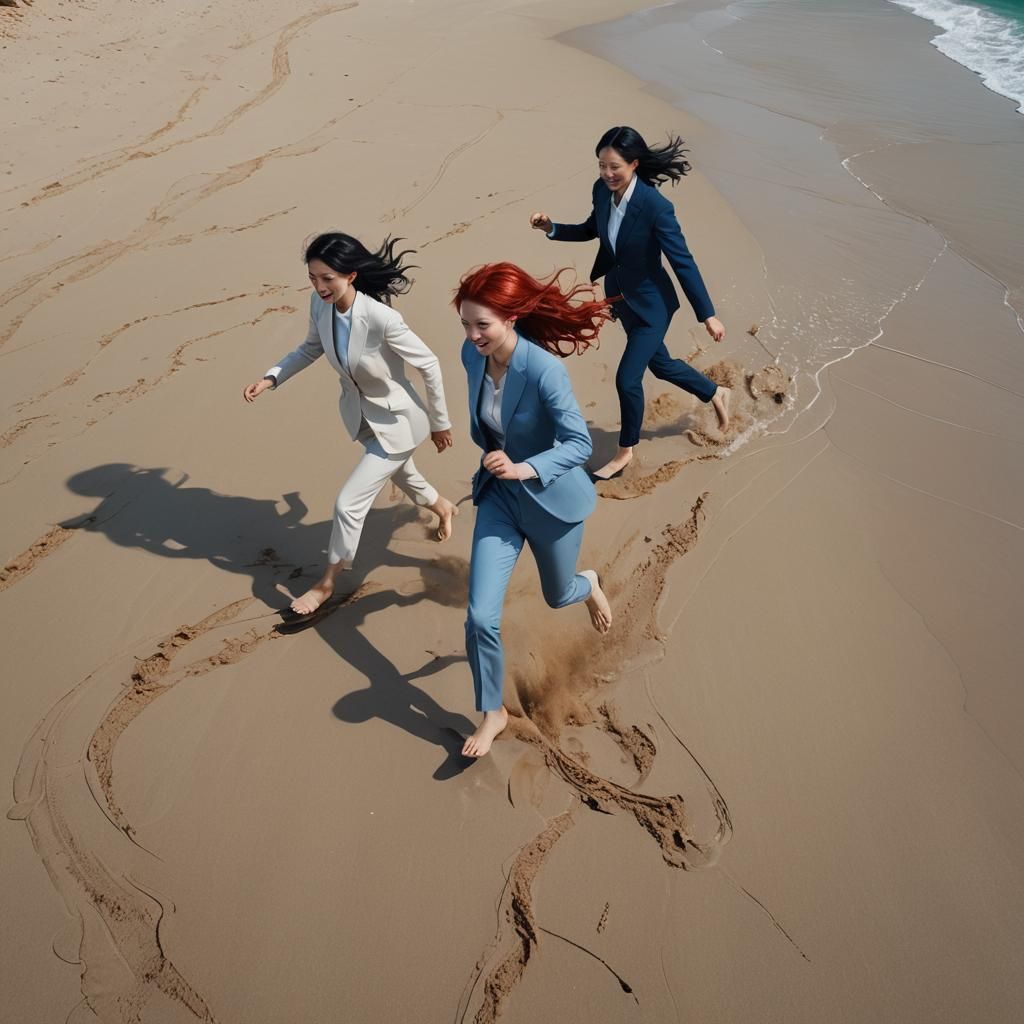 Friends Running on Beach in Formal Suits