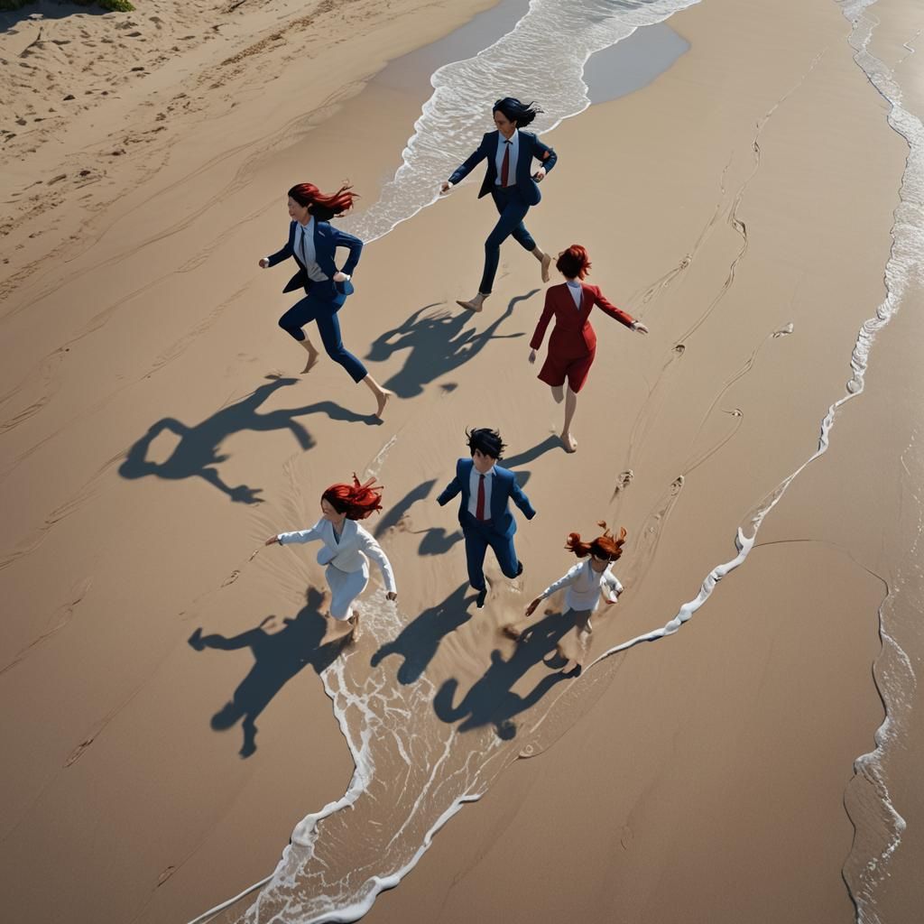 Friends Running on Beach in Detailed Digital Painting