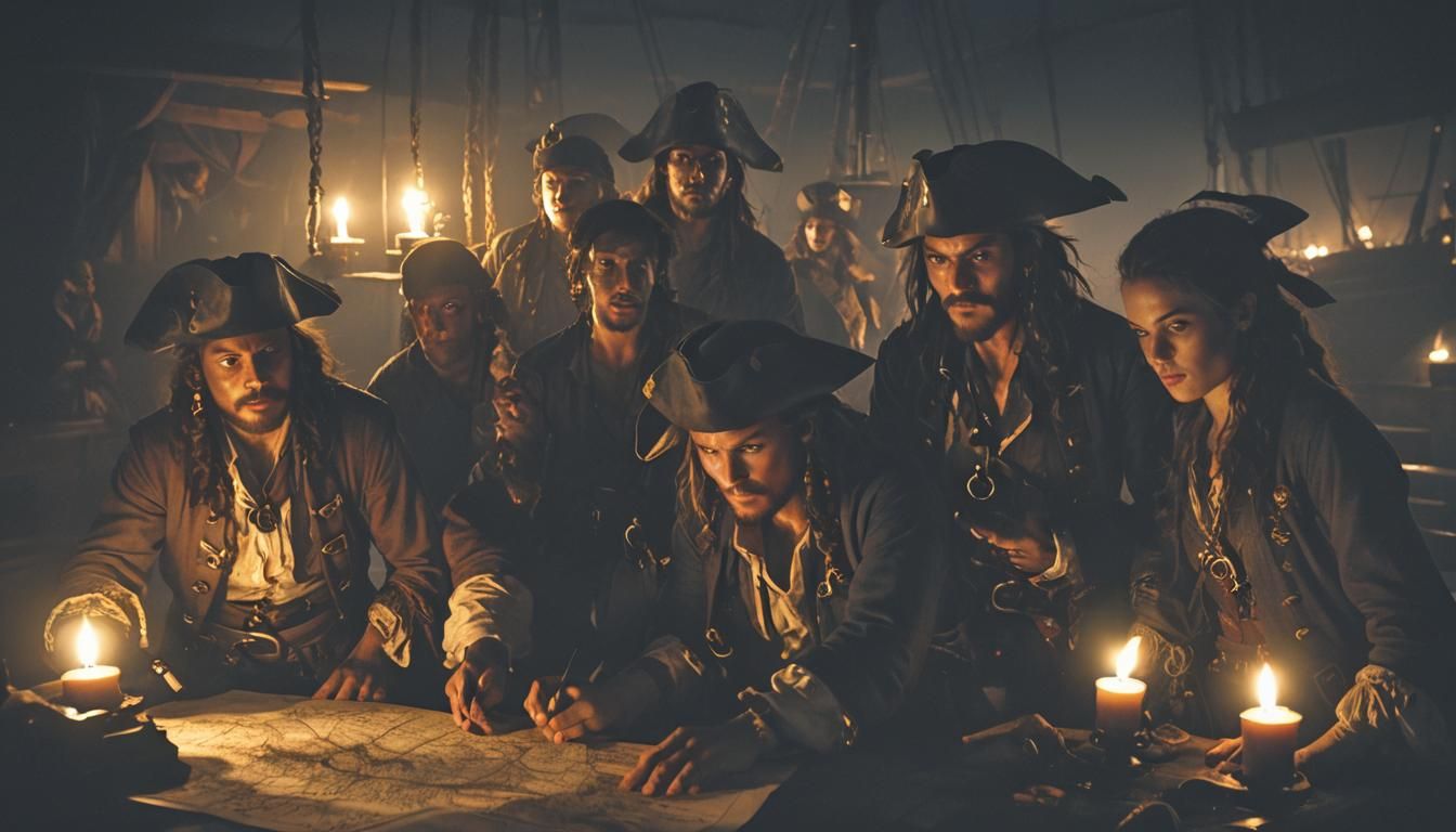 Pirates Plotting by Candlelight in Film Noir Style