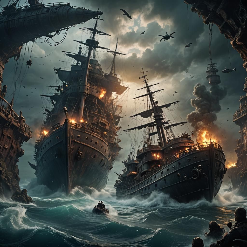 Submarine and Pirate Ship Collision: Epic Digital Art