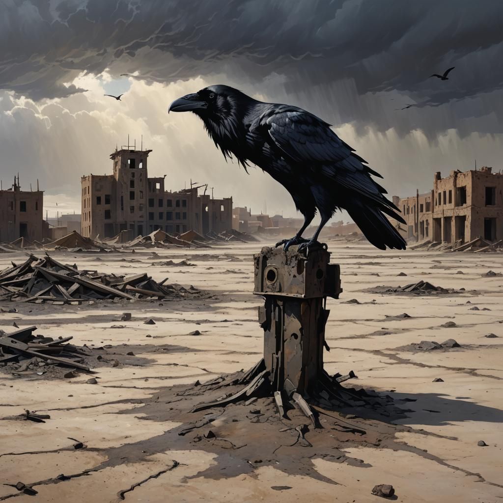 Raven in Barren Wasteland: Digital Dark Fantasy