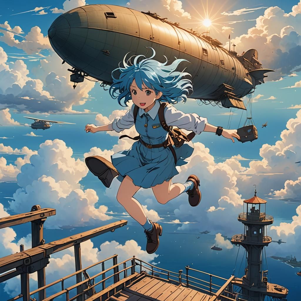 Girl Jumps to Zeppelin in Anime Style