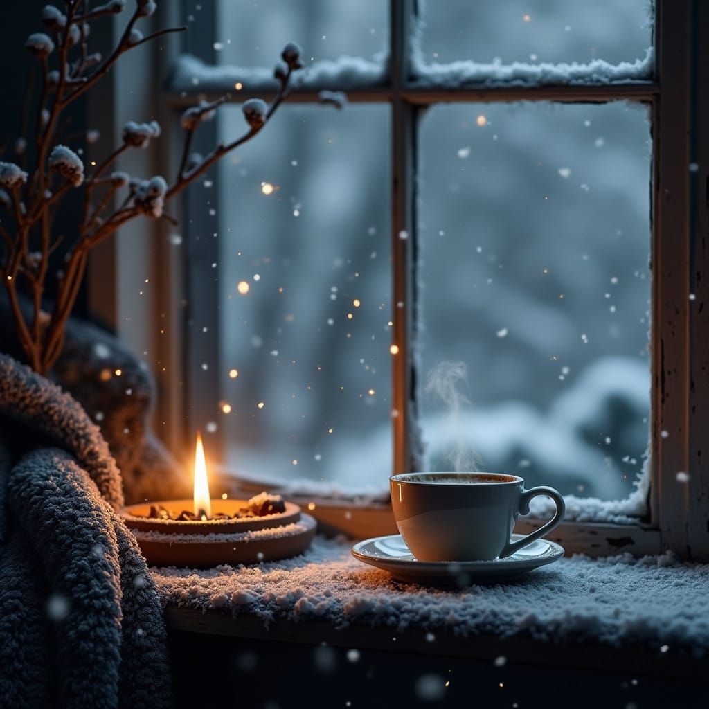 Winter Night Coffee Scene in Cyberpunk Style