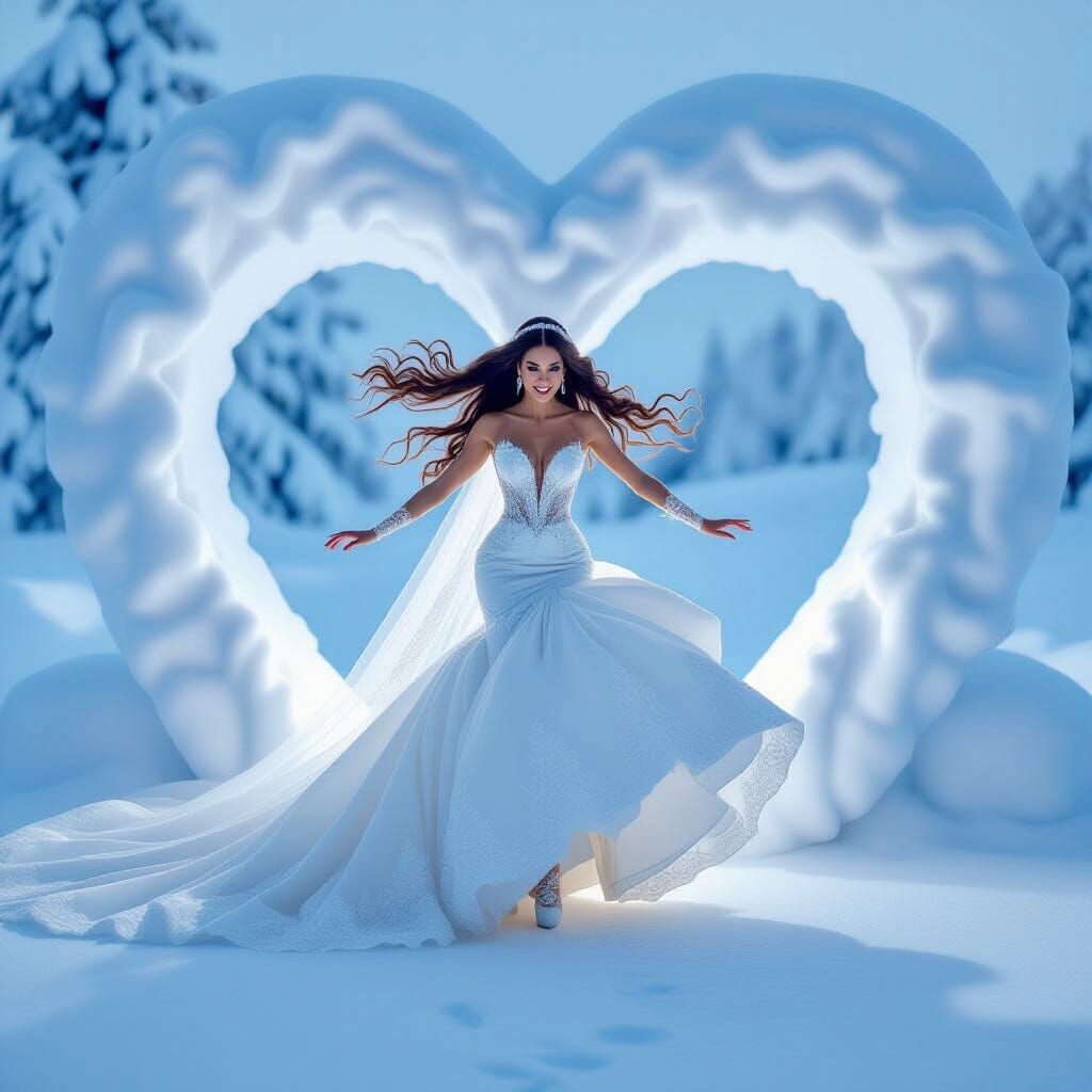 Bride Leaping Through Heart in Snowy Landscape