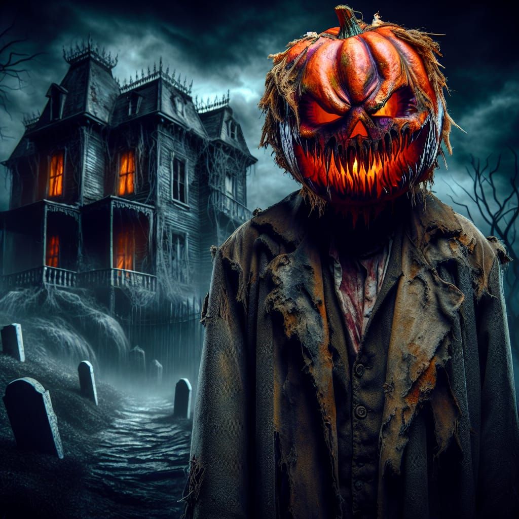 Carved Pumpkin Head Man in Haunted Halloween Scene