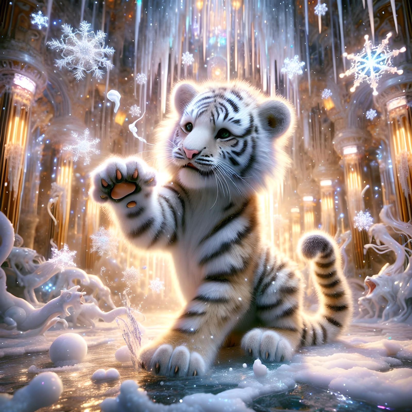 Playful Snow Tiger Cub in Cyberpunk Ice Realm