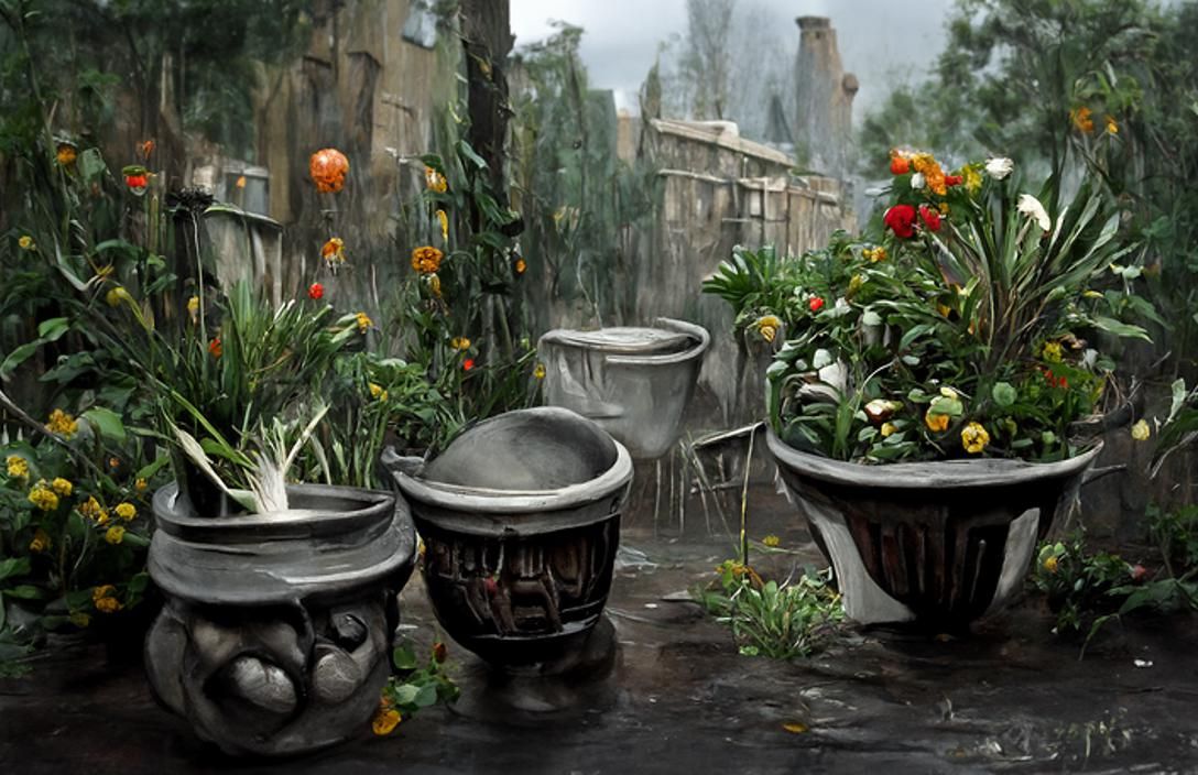 Cartoon Plant Pots on Patio: Matte Oil Painting