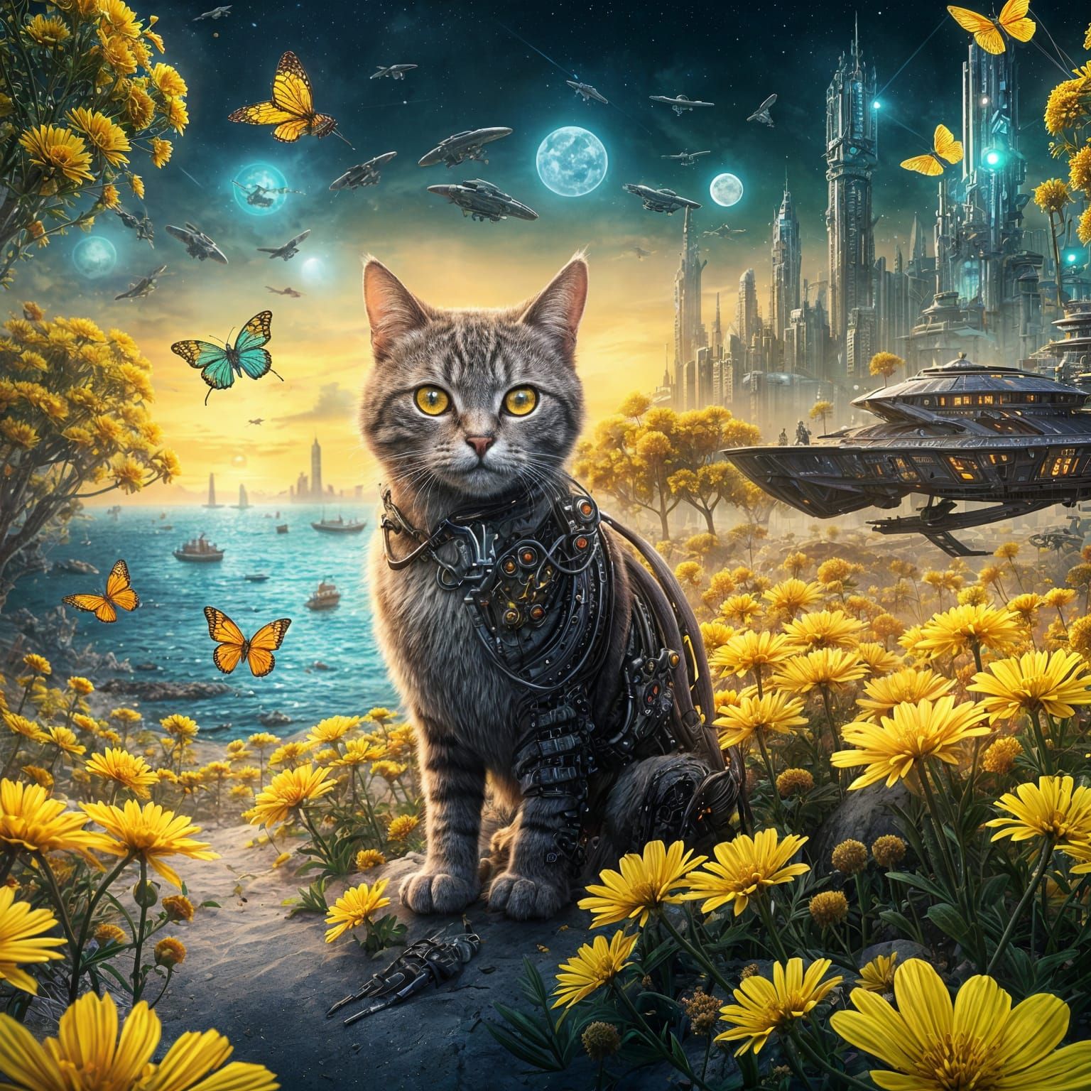 Biomechanical Beach with Futuristic City, Detailed Matte Pai...