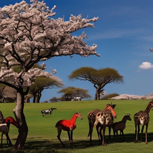 Surreal Cherry Orchard with Giraffes and Ostriches