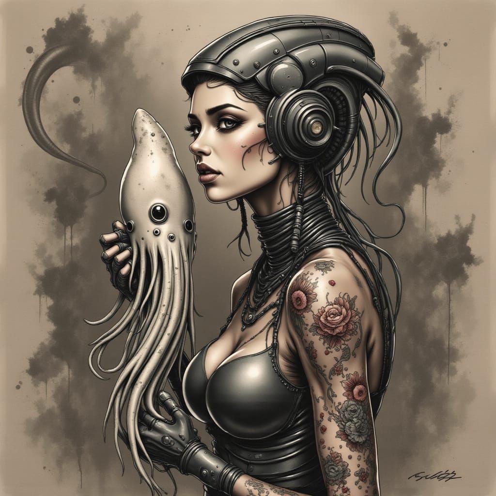 Smiling Cyborg Woman with Squid in Giger Style