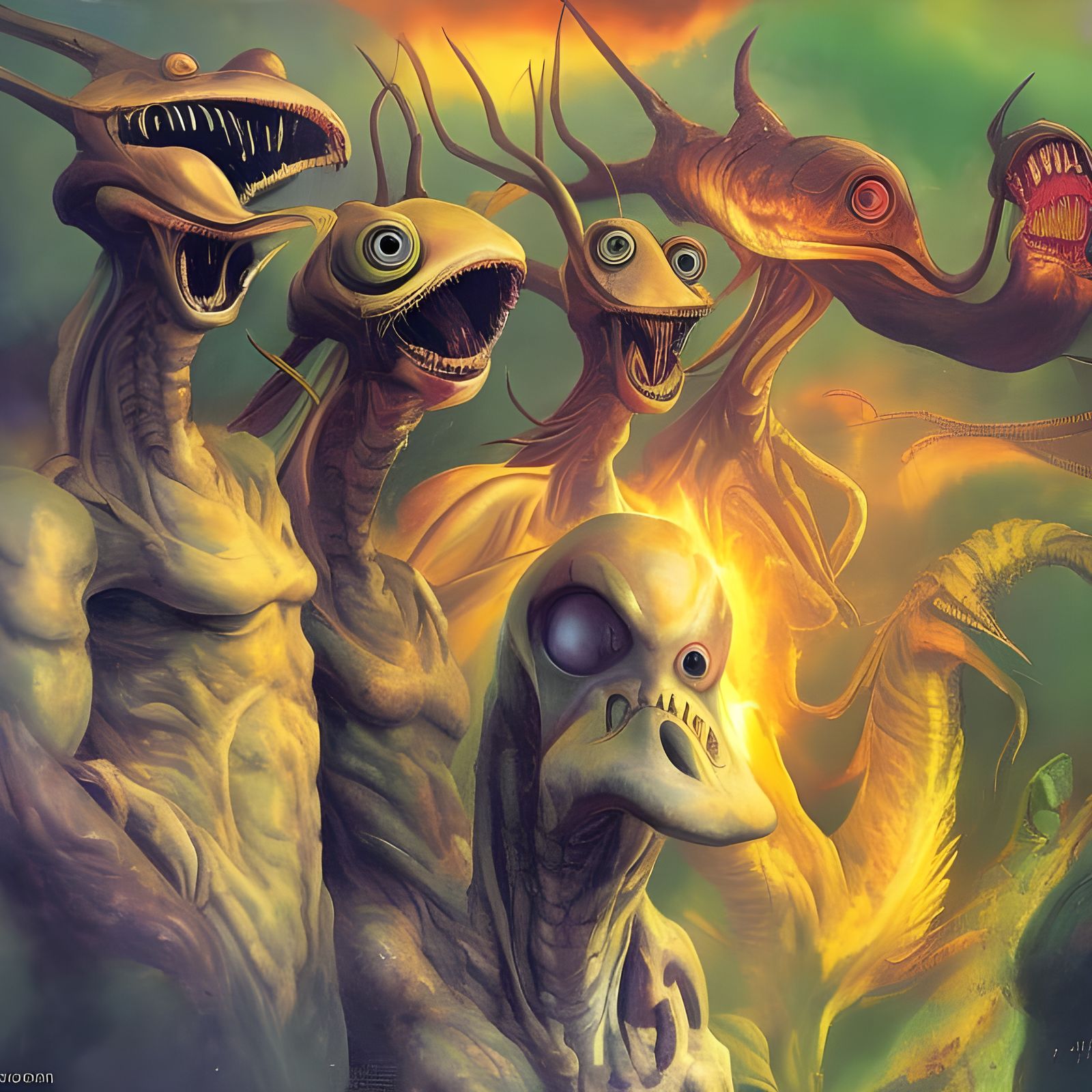 Alien Cartoon Characters in Grotesque Oil Painting Style