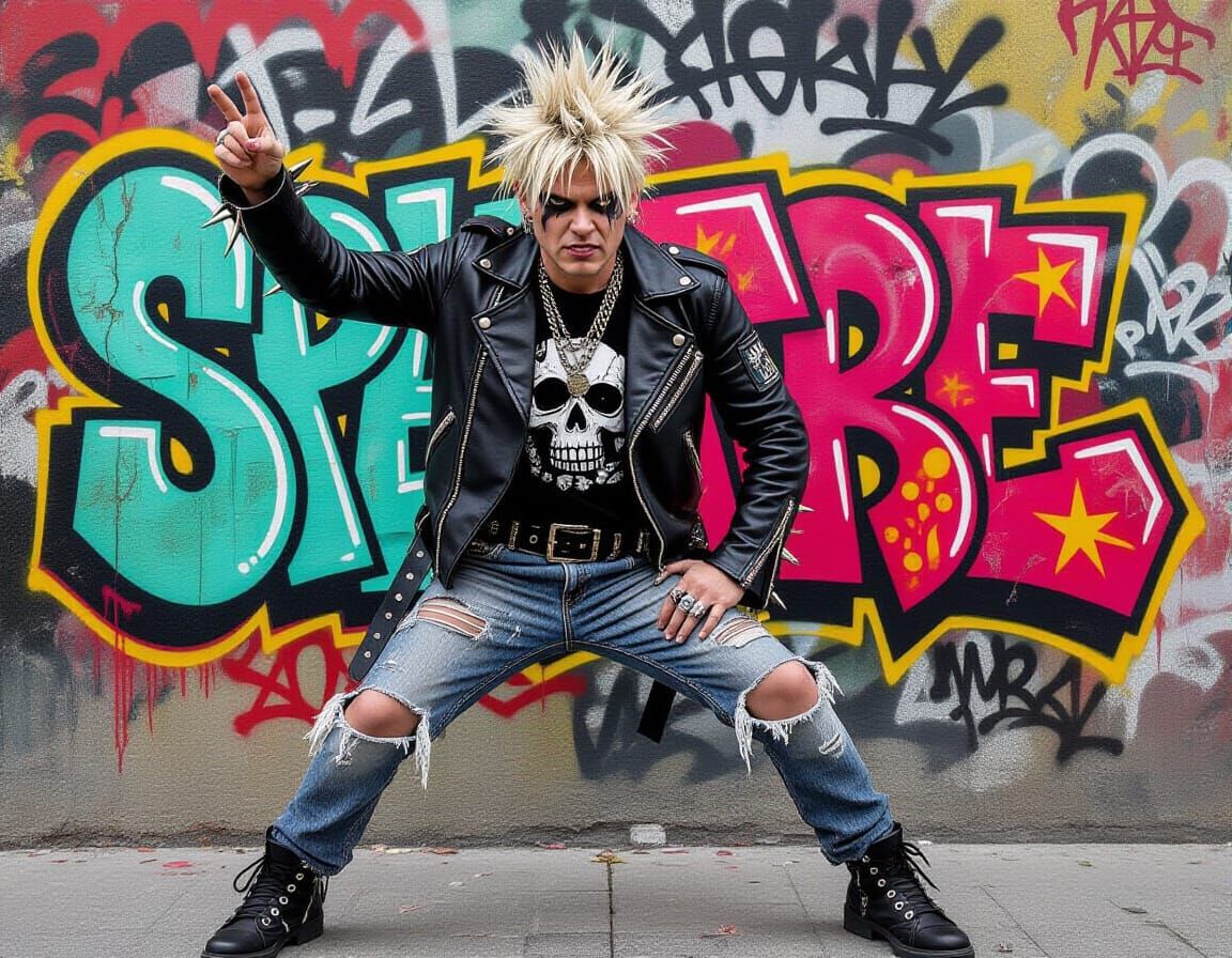 Rebellious Punk Rock Figure in Graffiti Comic Style