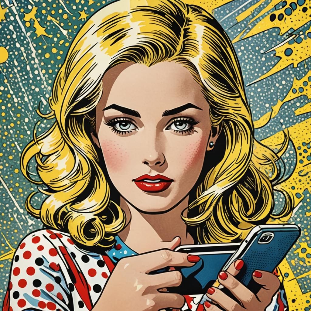 Blonde Woman with Smartphone in Lichtenstein Pop Art