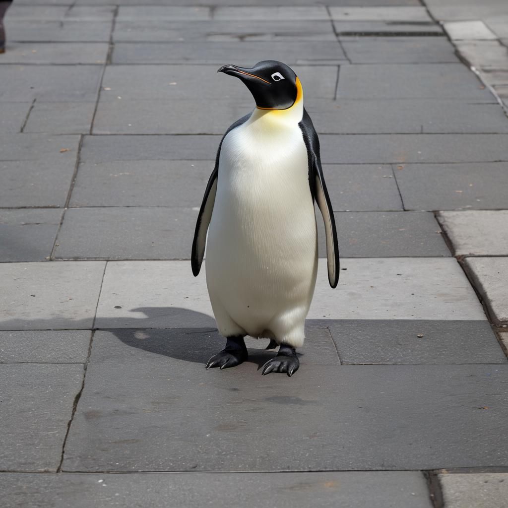 An Emperor penguin walking down the sidewalk in a big city b...