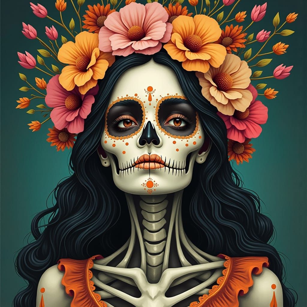 Elegant Catrina with Multicolored Floral Crown